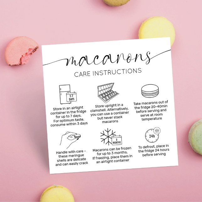 Carte De Visite Carré Guide et Merci minimaux de soins Élégants pour Mac (Minimal macarons care instructions business cards for your macaron boxes )