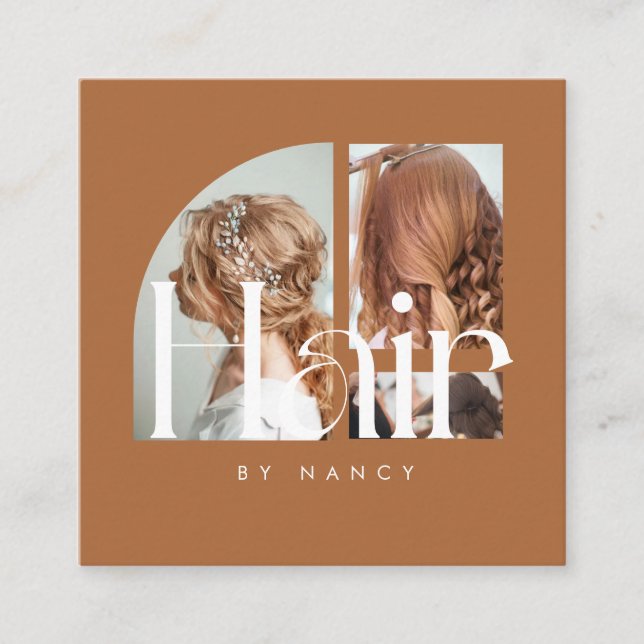Carte De Visite Carré Hair Salon Photo Collage Terracotta  (Devant)