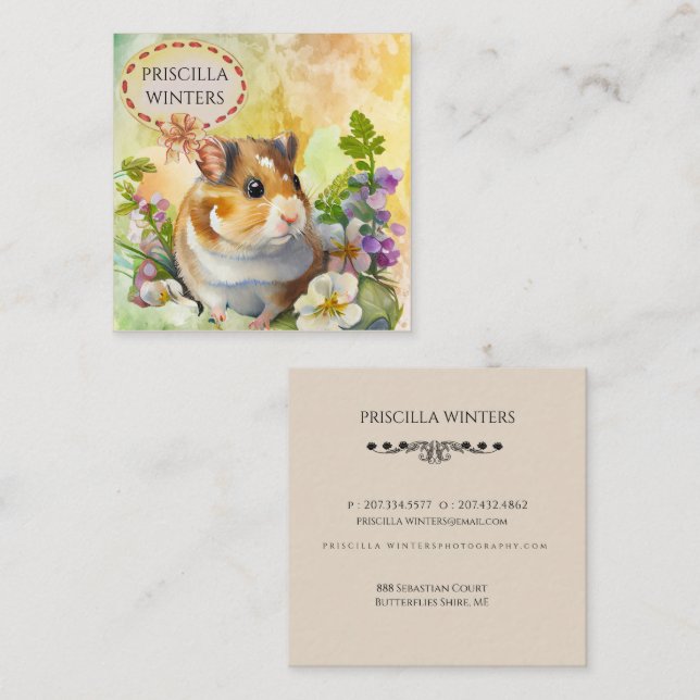 Carte De Visite Carré Hamster et fleurs d'aquarelle mignonne (Devant / Derrière)