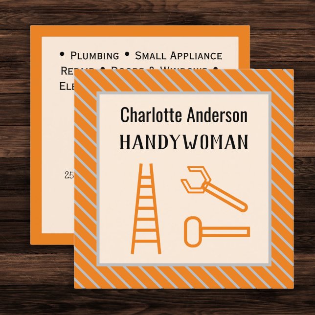 Carte De Visite Carré Handywoman Modern Orange Personnalisable QR Code (A customizable business card for a handywoman, in orange and peach)