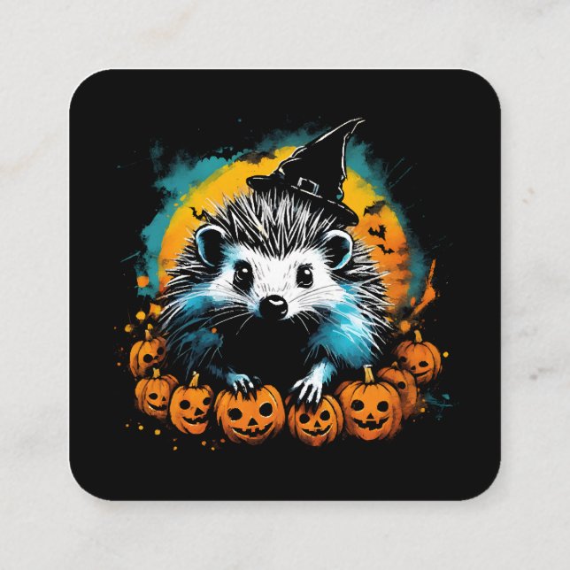 Carte De Visite Carré Hérisson d'Halloween et citrouilles mignon (Dos)