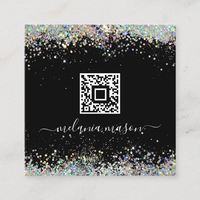 Carte De Visite Carré Holographe Parties scintillant ongle noir QR Code  (Devant)