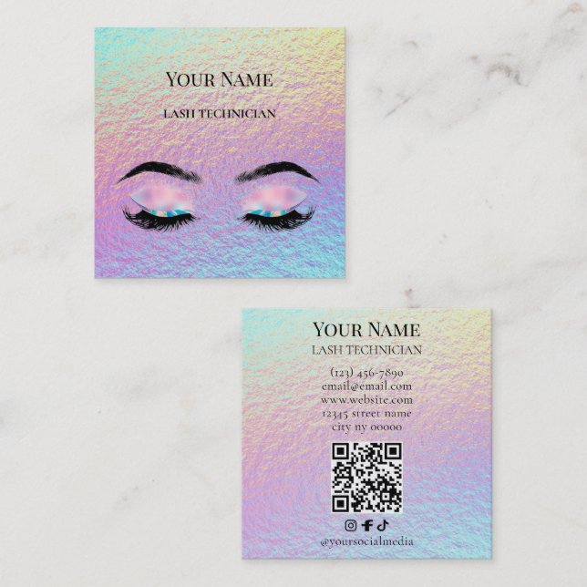 Carte De Visite Carré Holographic QR code Beige and Gold Lash Technician (Devant / Derrière)