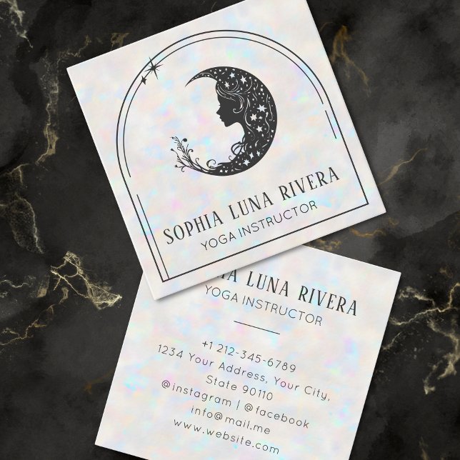 Carte De Visite Carré Holographique Boho Arch Crescent Céleste Lune Yoga (Holographic Boho Arch Celestial Crescent Moon Yoga Square Business Card)