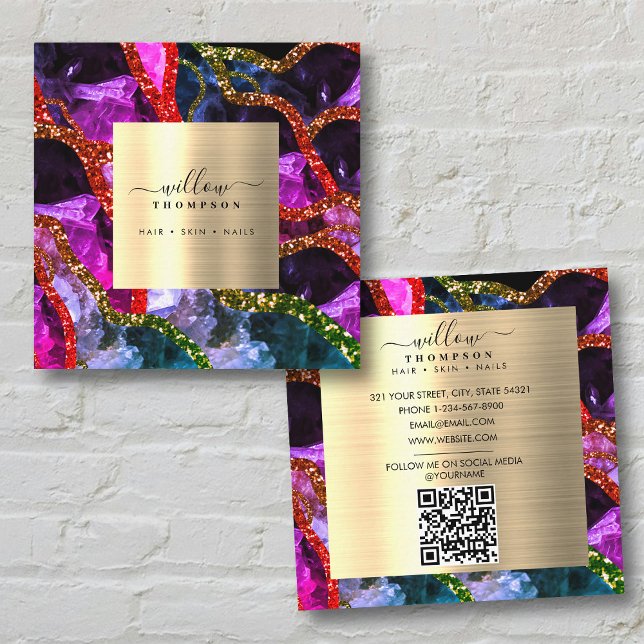 Carte De Visite Carré Holographique Opal Purple Géode Agate QR Code (Holographic Opal Purple Geode Agate QR Code Square Business Card)
