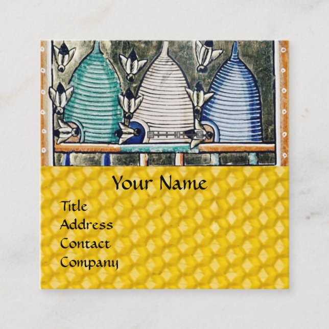 Carte De Visite Carré HONEY BEES, BEE HIVES, Médiéval Beekeeper Monogram (Devant)