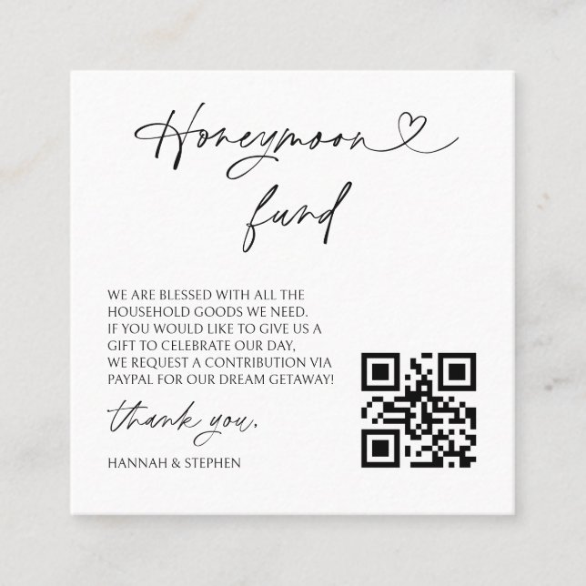 Carte De Visite Carré Honeymoon Fund Wedding Request Enclosure QR Card (Devant)