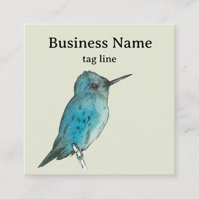 Carte De Visite Carré Hummingbird Tree Branch Blue Watercolor (Devant)