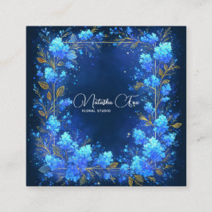 Carte De Visite Carré Hydrangea Bleu Cadre Céleste Or Minuit