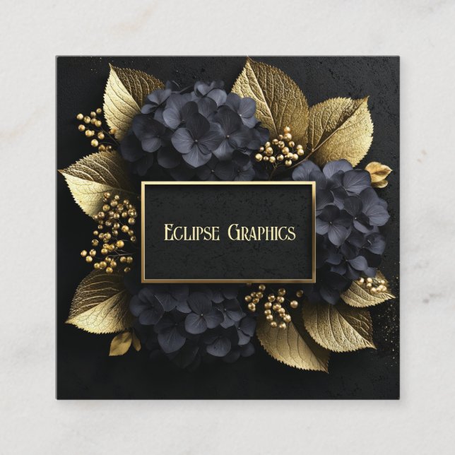Carte De Visite Carré Hydrangea Géométrique Moderne Noir et Or (Devant)