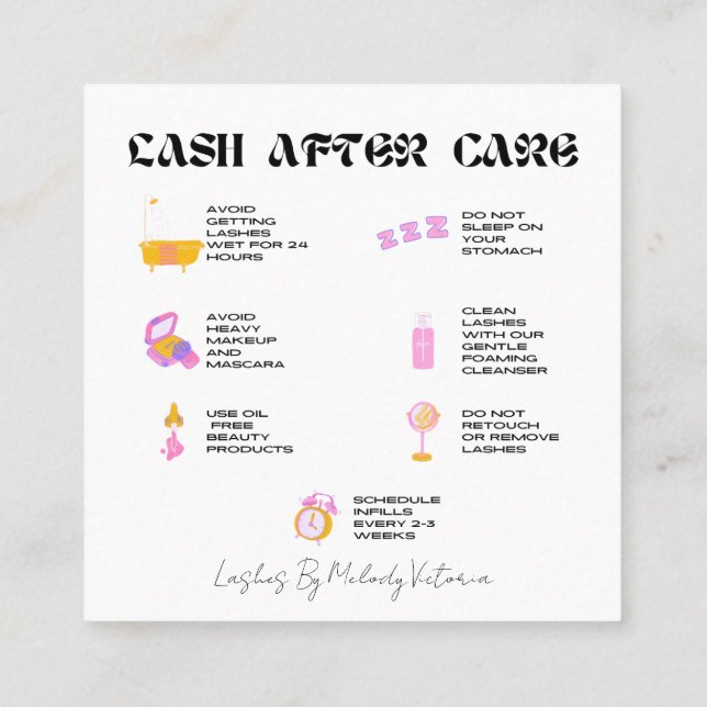 Carte De Visite Carré Icônes de soins après extensions de cils  (Dos)