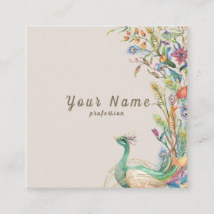 Carte De Visite Carré Illustration aquarelle vectorielle paons fleurs