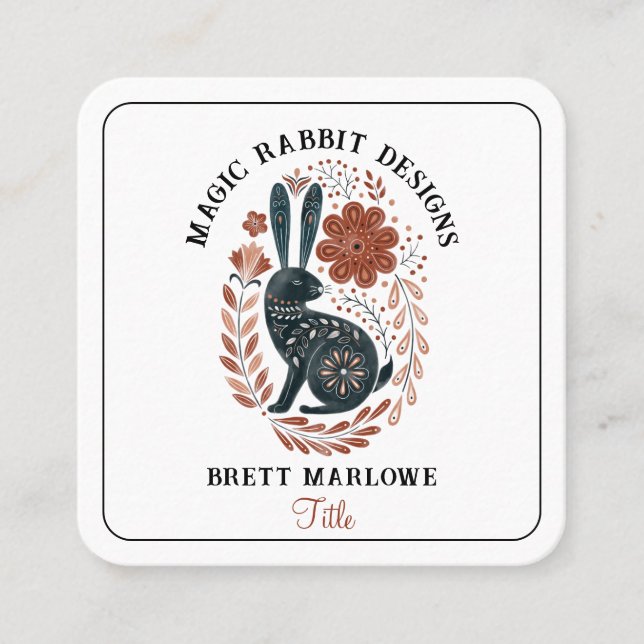 Carte De Visite Carré Illustration Woodland Folk Art Black Rabbit (Devant)