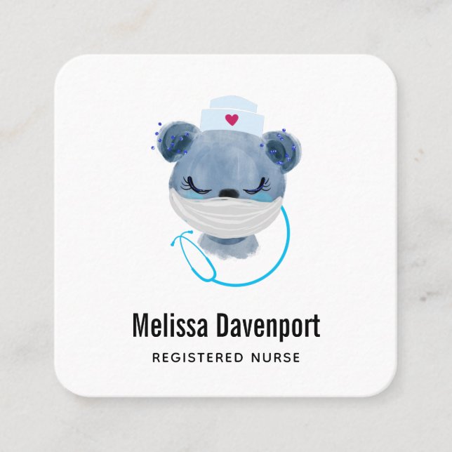 Carte De Visite Carré Infirmière de l'ours mignonne portant un Masque Mé (Devant)