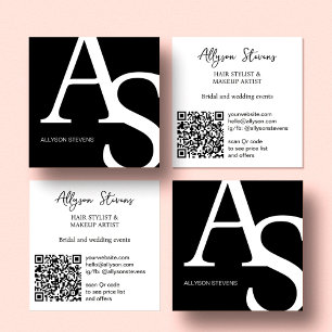 Carte De Visite Carré Initiales du logo Code qr maquillage noir blanc