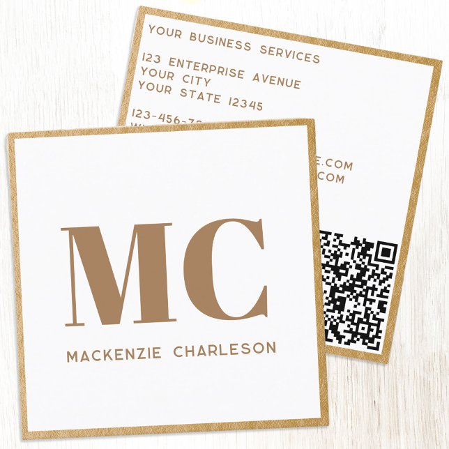 Carte De Visite Carré Initiales Monogrammes modernes QR Code Gold Frame (Minimalist monogram initial QR code faux gold foil frame professional business card)