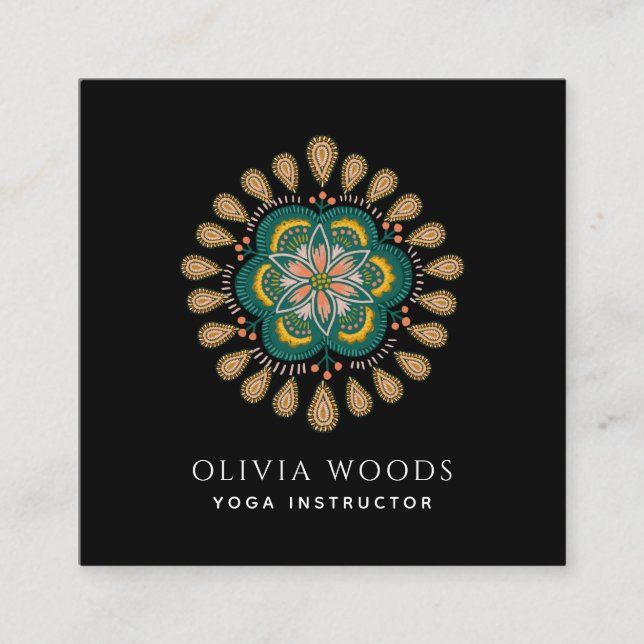 Carte De Visite Carré Instructeur de Yoga Boho Floral Mandala (Devant)