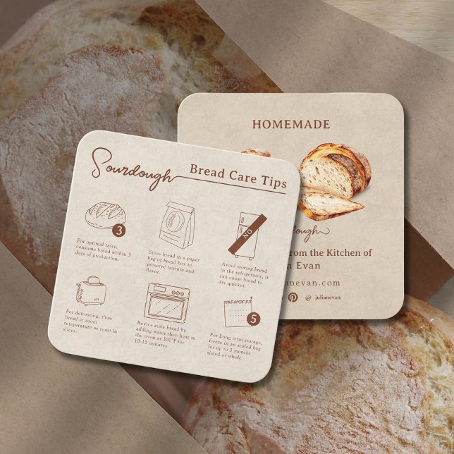 Carte De Visite Carré Instruction Rustique faite maison pour le pain de  (Rustic Homemade Sourdough Bread Care Instruction Square Business Card)