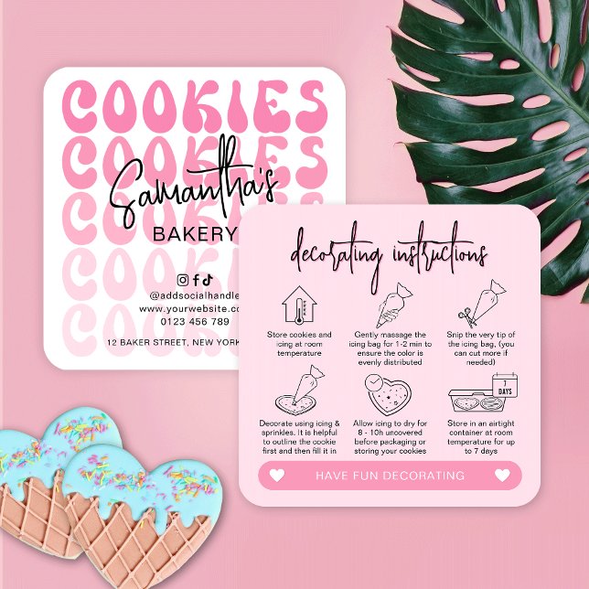 Carte De Visite Carré Instructions de décoration do-it-yourself biscuit  (Trendy cookies decorating kit instructions cards in retro pink design with icons)