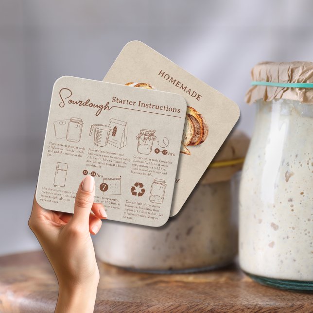 Carte De Visite Carré Instructions de démarrage de levain rustique fait  (Rustic Homemade Sourdough Starter Instructions Square Business Card)