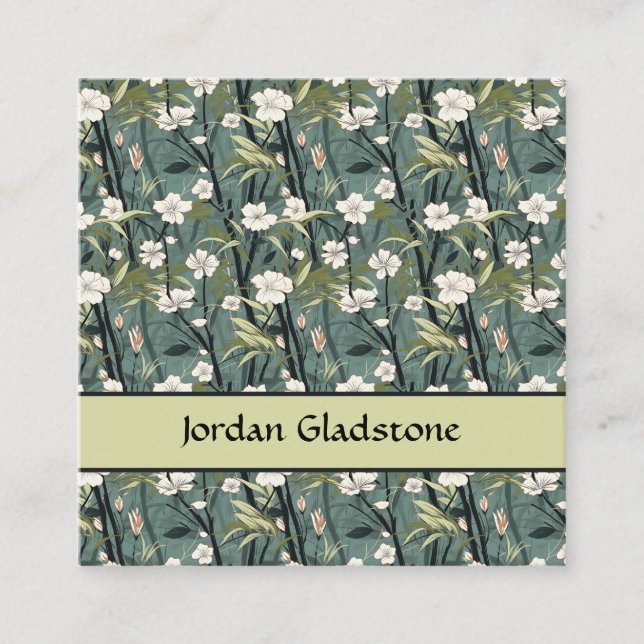 Carte De Visite Carré Japanese Floral Bamboo Sage Green Black Template  (Devant)