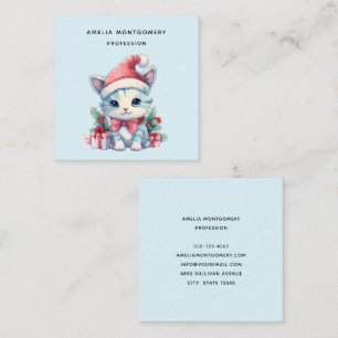 Carte De Visite Carré Joli chaton en chapeau de Père Noël pour Noël