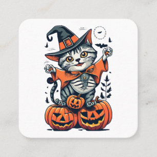 Carte De Visite Carré Joyeux chat sorcier Halloween