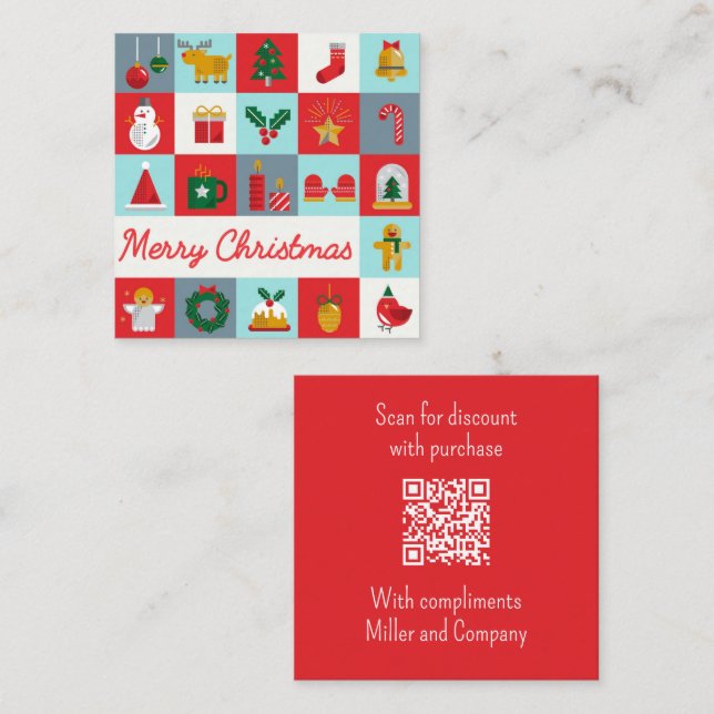 Carte De Visite Carré Joyeux Noël mignon Retro Winter QR Code (Devant / Derrière)