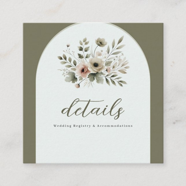 Carte De Visite Carré Khaki Olive Green Aquarelle Floral Mariage Détail (Devant)