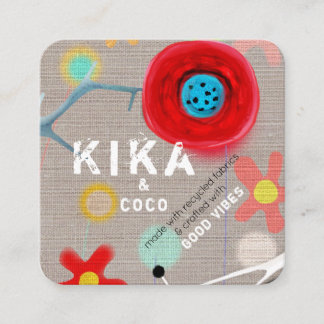 CARTE DE VISITE CARRÉ KIKA ET COCO FAIT AVEC TISSU RECYCLÉ BONNES VIBRAT
