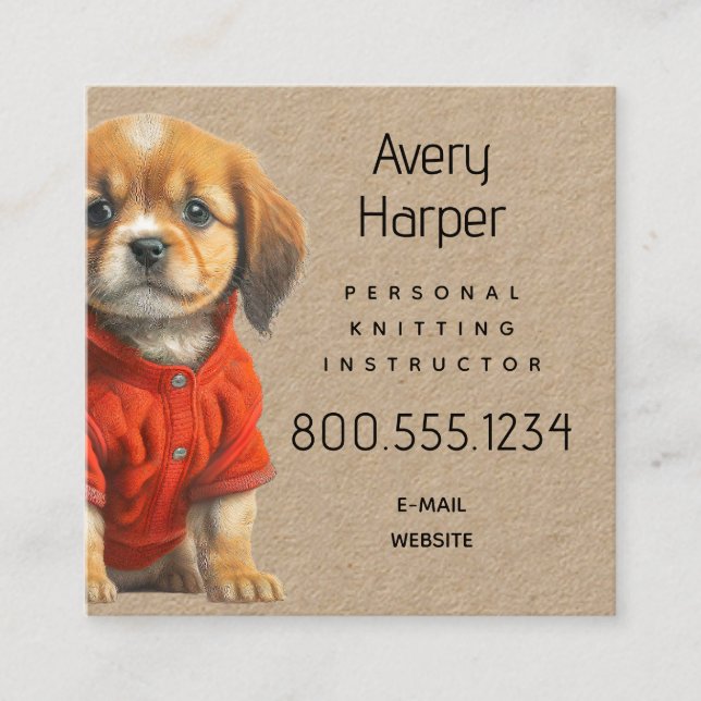 Carte De Visite Carré Knitting Instructor Puppy in Sweater Business Card (Devant)