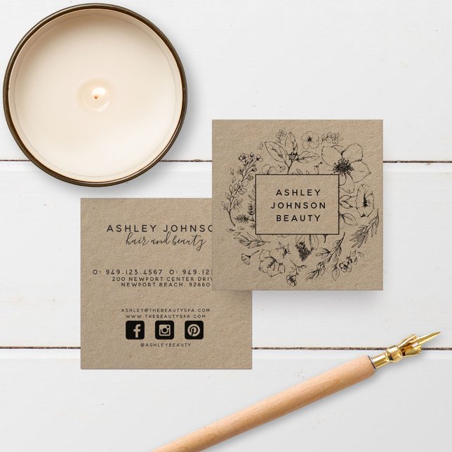 Carte De Visite Carré Kraft botanique moderne et Floral noir (Créateur téléchargé)