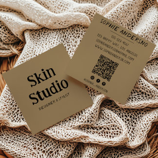 Carte De Visite Carré Kraft Brown Minimalist Skincare Spa Beauty QR Code