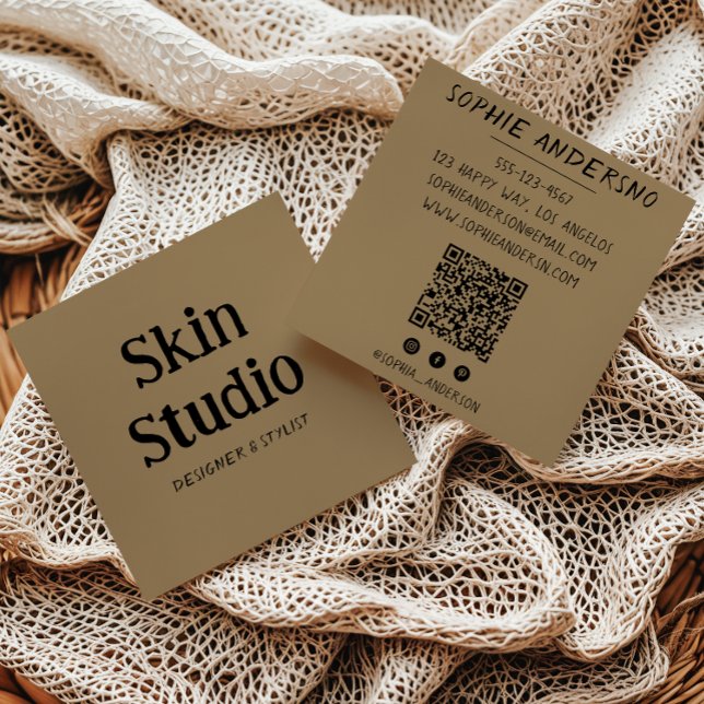 Carte De Visite Carré Kraft Brown Minimalist Skincare Spa Beauty QR Code (Créateur téléchargé)