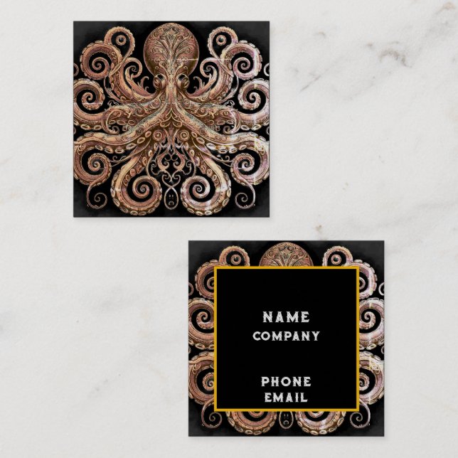 Carte De Visite Carré Kraken Steampunk Octopus Ornate Gold et Noir (Devant / Derrière)
