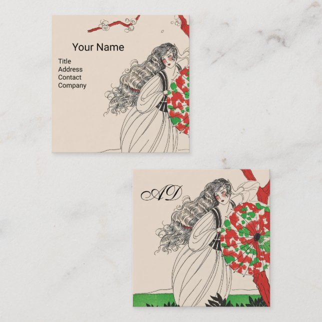 Carte De Visite Carré LADY AVEC BOUMBRELLA Art Déco Beauté Cheveux mode (Devant / Derrière)