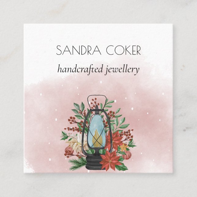 Carte De Visite Carré lanterne de noël avec poinsettia collier de fleurs (Devant)