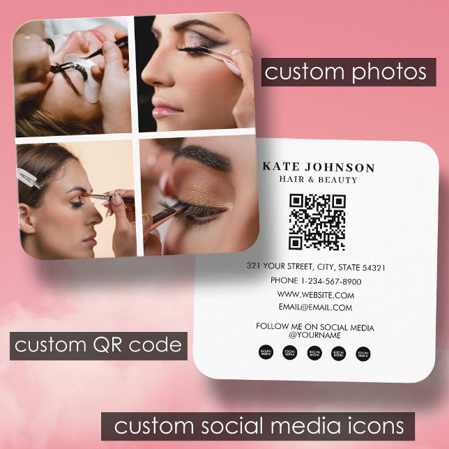 Carte De Visite Carré Lashes Beauty Salon maquillage Artiste 4 Photos QR (Lashes Beauty Salon Makeup Artist 4 Photos QR Code Square Business Card)