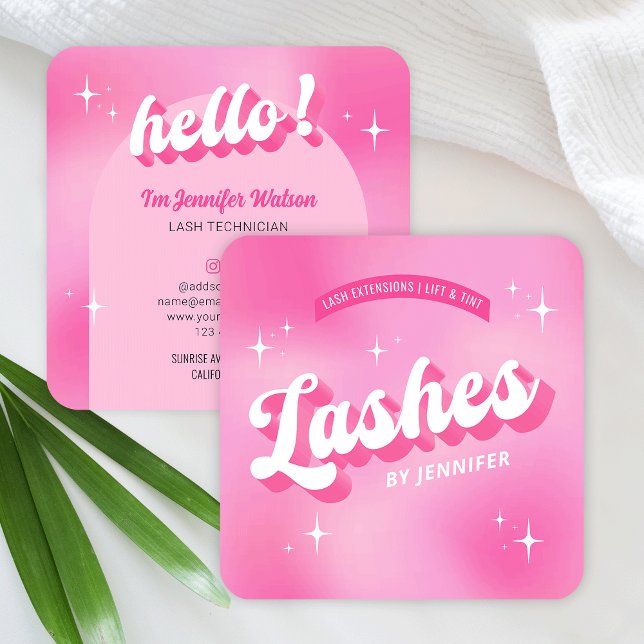 Carte De Visite Carré Lashes tendance Super Girly Rose Lash Extensions (Retro pink lashes business cards with groovy fonts and trendy nostalgia style design)
