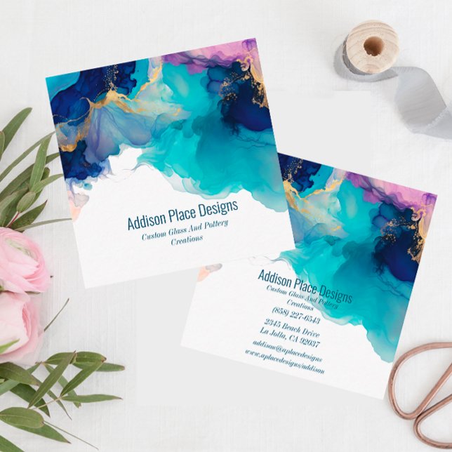 Carte De Visite Carré Lavande Abstraite en encre bleue (Créateur téléchargé)