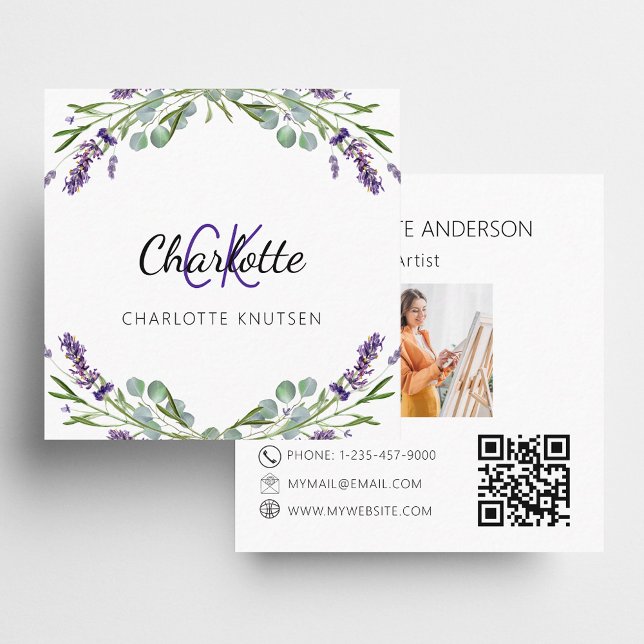 Carte De Visite Carré Lavande fleurs violet monogramme photo QR code (Créateur téléchargé)