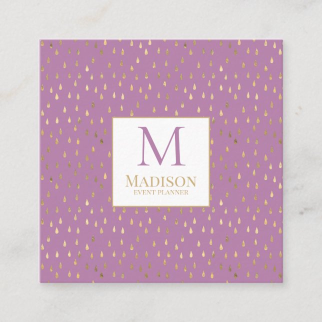 Carte De Visite Carré Lavender Gold Raindrop Moderne Monogramme tendance (Devant)