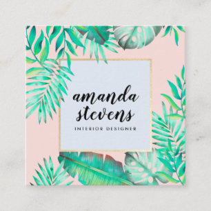 Carte De Visite Carré Le cadre chic d'or rougissent aquarelle rose