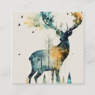 Carte De Visite Carré Le cerf d'aquarelle dans la forêt