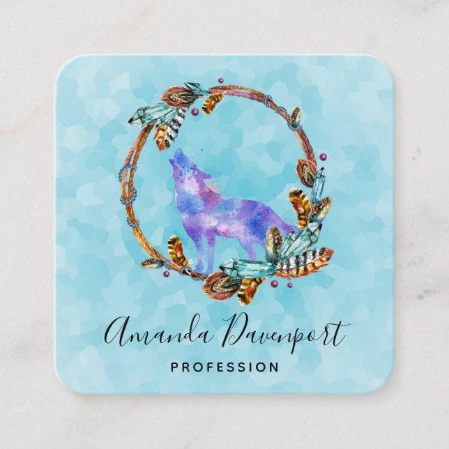 Carte De Visite Carré Le loup d'aquarelle hurle dans un bus à chenilles  (Devant)