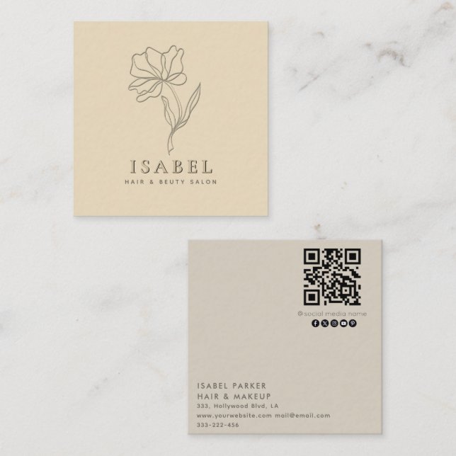 Carte De Visite Carré Letterpress professionnel abstrait code Qr floral (Devant / Derrière)