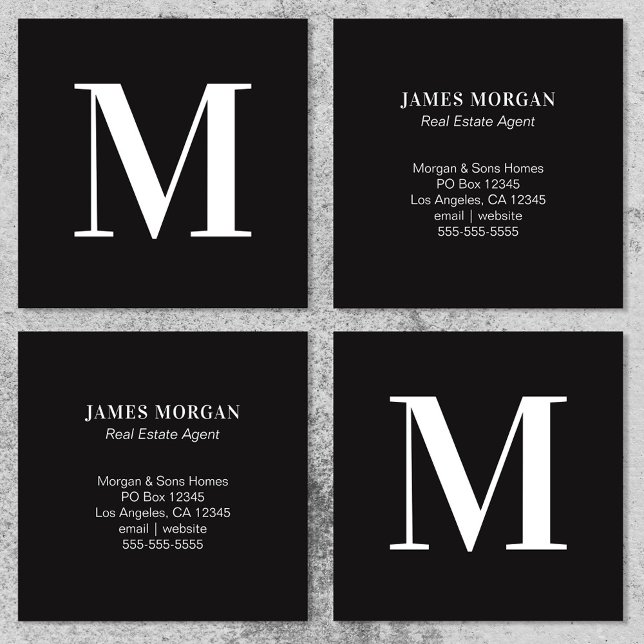 Carte De Visite Carré LETTRE CHAÎNE BLANCHE ET NOIRE MONogramme (White and Black Single Letter Monogram Square Business Card)