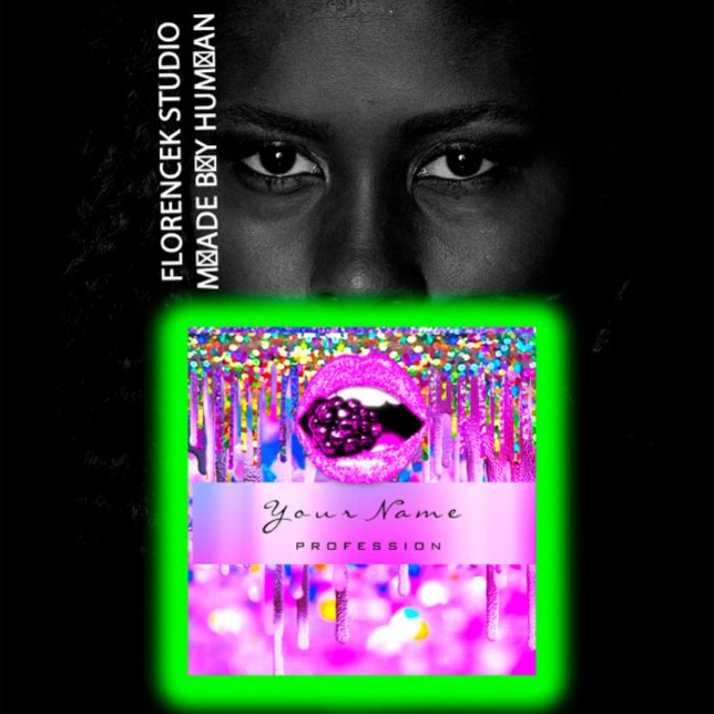 Carte De Visite Carré Lèvres de maquillage Lèvres Holographe Lège à gout (Makeup Logo Lips Holograph Drip Berry QRCODE LOGO Square Business Card)