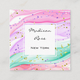 Carte De Visite Carré Licorne pastel arc-en-ciel rose lilas or girly