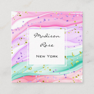 Carte De Visite Carré Licorne pastel arc-en-ciel rose lilas or girly